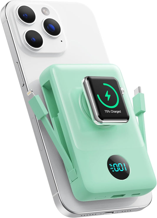 Magnetic Portable Charger 10800mAh for iPhone with Built-in Cables, 6-in-1 Wireless Power Bank with iWatch Charger, 25W PD Fast Charging USB C Battery Pack for iPhone 16/15/14/13/12,Apple Watch(Green)