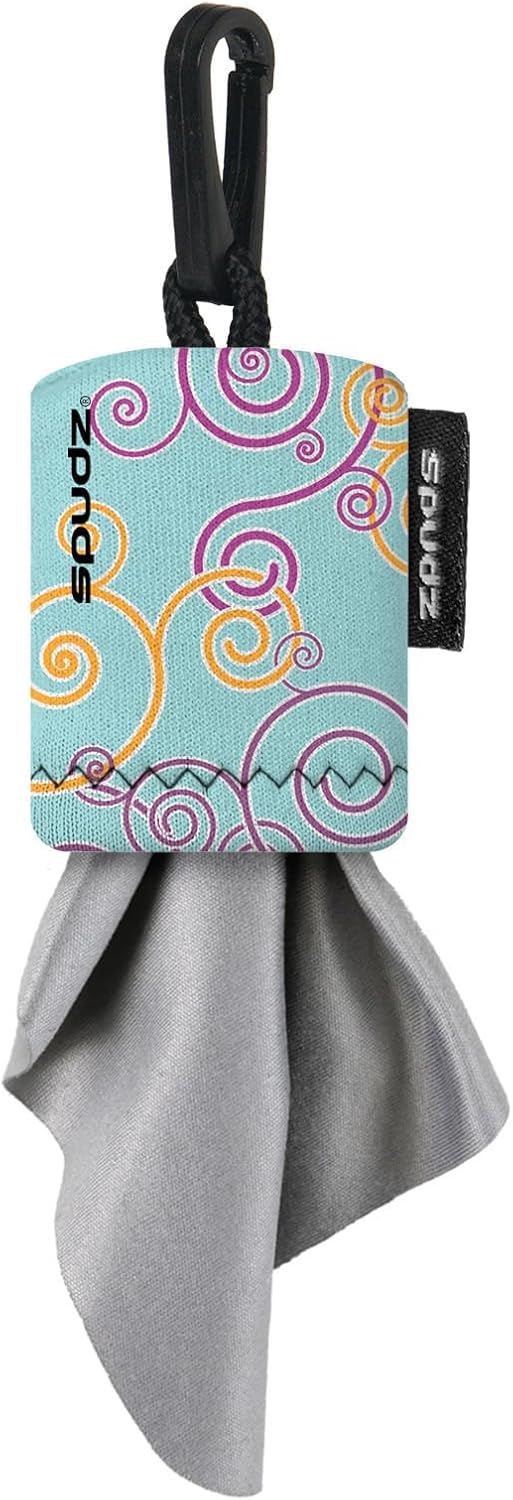 SPUDZ Classic Microfiber Lens Cleaner – Clip-On Pouch, Washable – for Binoculars, Scopes, Glasses, Screens | Baby Blue Swirls, 6 x 6 Inch (2-Pack)