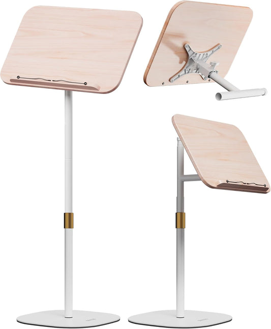 2 in 1 Dual-use Floor Book Stand & Desktop Book Stand,Height Adjustable from 33-63in, Adjustable Book Holder with Elastic Page Clips for Music Scores, Recipe, Tablet, Laptop(White)