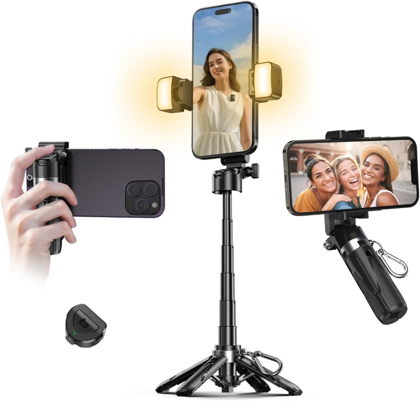 Mini Tripod with Dual Fill Lights, Portable Selfie Stick with Wireless Remote, Pocket Size Phone Tripod with Cold Shoe for iPhone/Android, Vlogging & Live Streaming（Black）