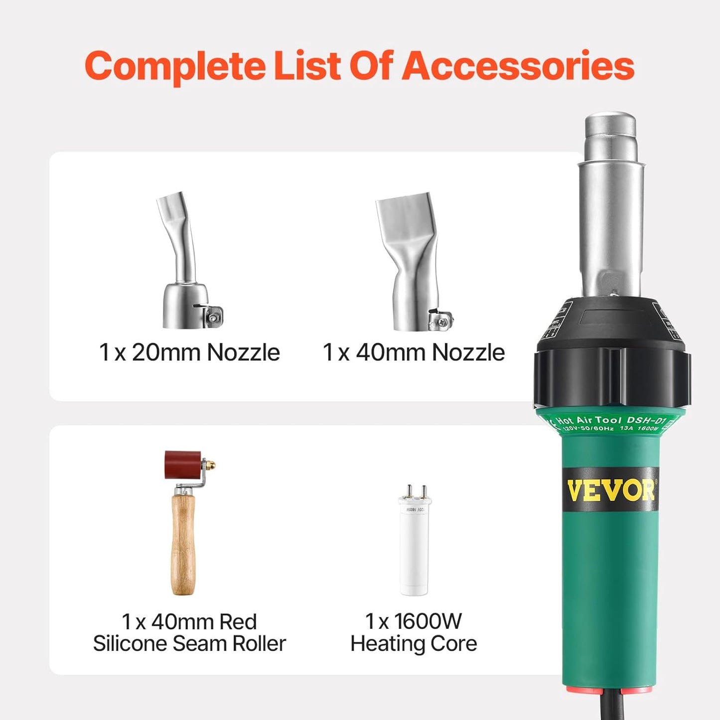 VEVOR Hot Air Plastic Welder, 1600W Hot Air Torch Pistol, 122-1112℉ PVC TPO Vinyl Heat Gun Welding Torch, Plastic Welding Roofing Kit with 4 Accessories - 2 Nozzles & 1 Seam Roller for PP/PE/PVC Sheet