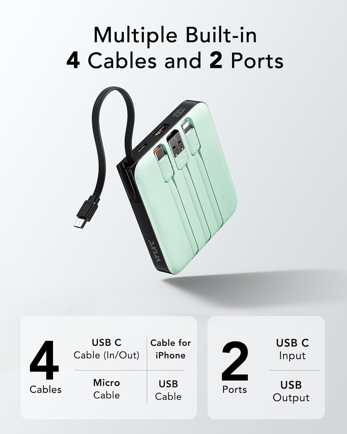 VRURC Portable Charger USB C, Power Bank with Built-in Cable, 10000mAh 20W Battery Pack for iPhone 16 15 14 Samsung Galaxy S23 S22 Google, Note 20, Pixel, Moto, LG Android Phone, Green(1 Pack)