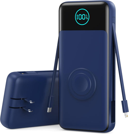 Portable Charger 26800mah for iPhone with Built-in Cables & AC Wall Plug,6-in-1 USB C Power Bank with iWatch Charger,25W PD Fast Charging Battery Pack for iPhone 16/15/14/13/12,Android,Apple Watch etc