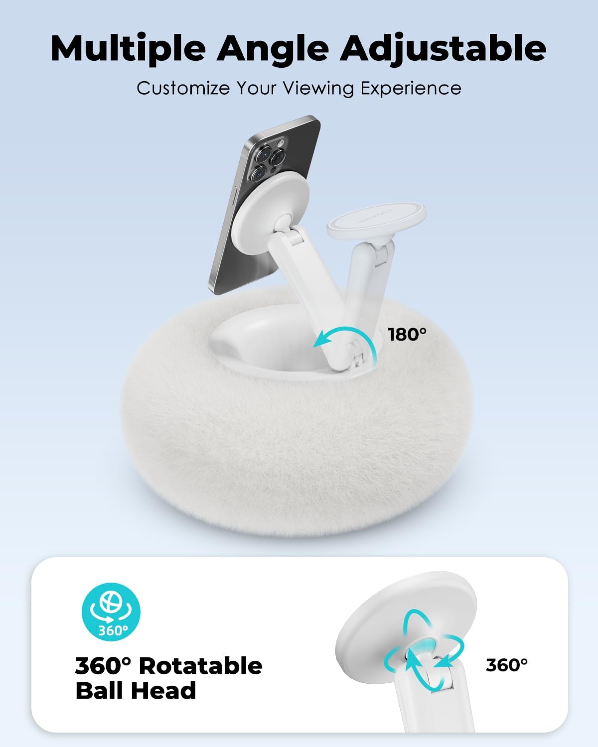 Viozon Phone Holder for Bed, Magnetic Pillow Stand, Compatible with 4-7" Phone/Kindle with Small Storage, Removable Suction Base for Stability, Idea for Kindle Reading and Video Watching On Bed,White