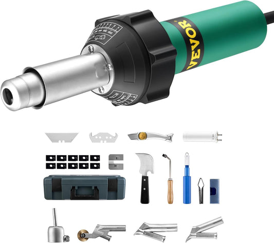 VEVOR Hot Air Plastic Welder, 1600W Hot Air Torch Pistol, 122-1112℉ PVC TPO Vinyl Heat Gun Welding Torch, Plastic Roofing Welding Kit with 14 Accessories- Toolbox, Nozzle, Roller, Blades for PP/PE/PVC