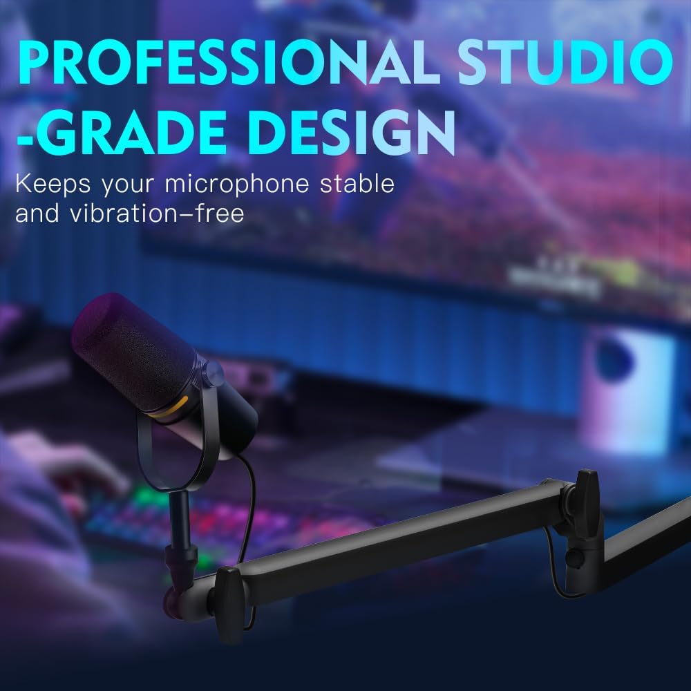 Low Profile Mic Arm 15cm Extra Riser Adjustable Mic Boom Arm Metal Desk Mounted Microphone Stand Cable Management Flexible Microphone Holder for Podcast Streaming Gaming Desktop