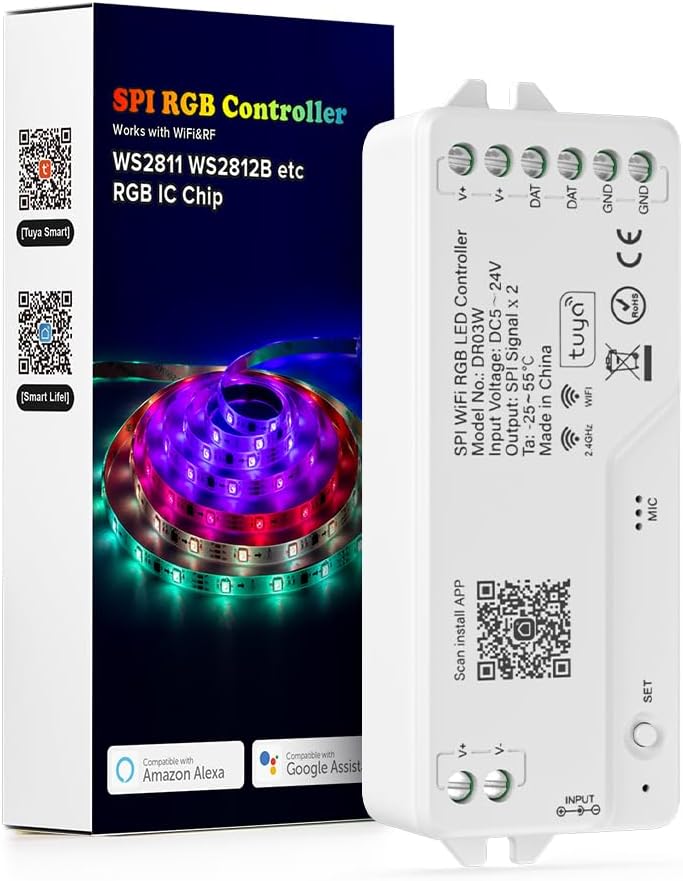 BTF-LIGHTING 2.4G WiFi DR03W RGB SPI Controller Tuya APP/Smart Life/Google Home/Alexa Control Support WS2812B WS2811 WS2815 etc Addressable LED Strip Work with WR01RF RC03RFB RF Remote
