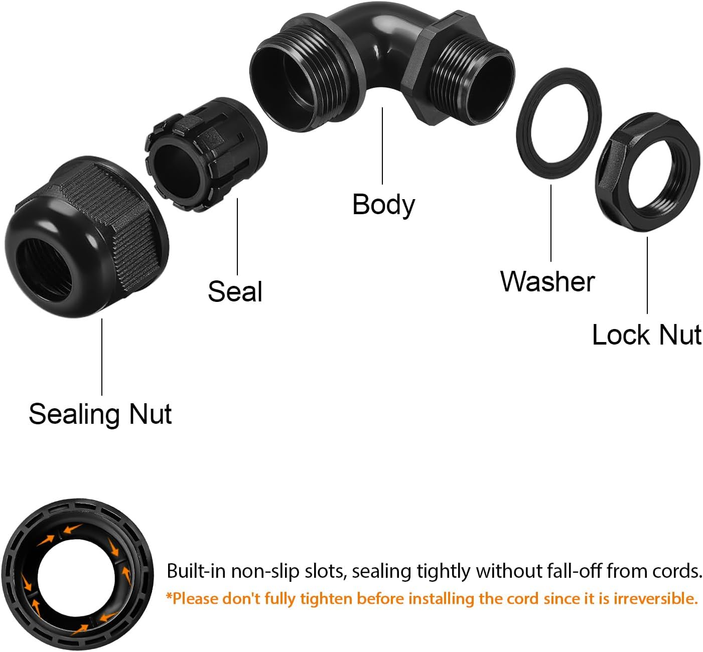 LeMotech M25 Cable Gland, 90 Degree Adjustable 13-18mm Strain Relief, Cord Connectors Nylon Joints with Gaskets, 2 Pcs, Black