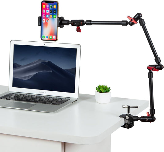 Adjustable Articulating Magic Arm with Clamp and Phone Holder Clip for Desk Mount, Desk Stand, Cell Phone Tripod