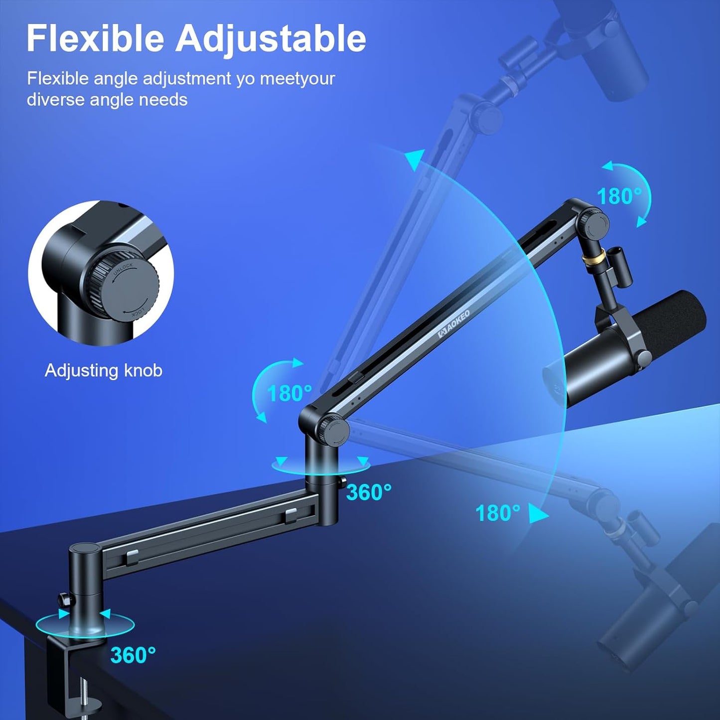 Microphone Arm,Aokeo AK-58 Desk Low Profile Adjustable Mic Boom Arm Stand,Suitable For Blue Yeti,Snowball iCE, HyperX QuadCast,SoloCast,Elgato Wave,Etc