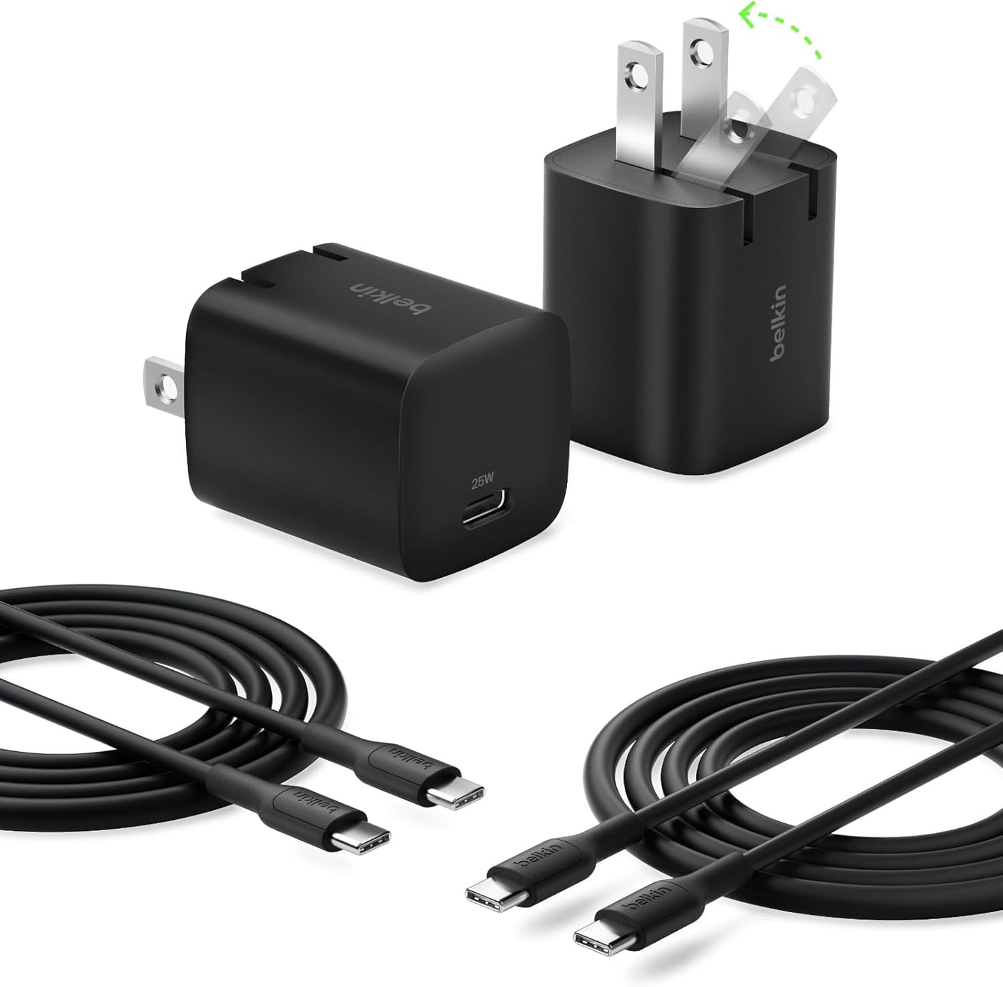 Belkin USB C Charger Block 25W (2 Pack) USB C Cable Included - PD3.0 PPS Fast Charging for Samsung Galaxy S25, S24, S23, S22, Apple iPhone 16, iPhone 15, Google Pixel 9, Nintendo Switch, etc - Black