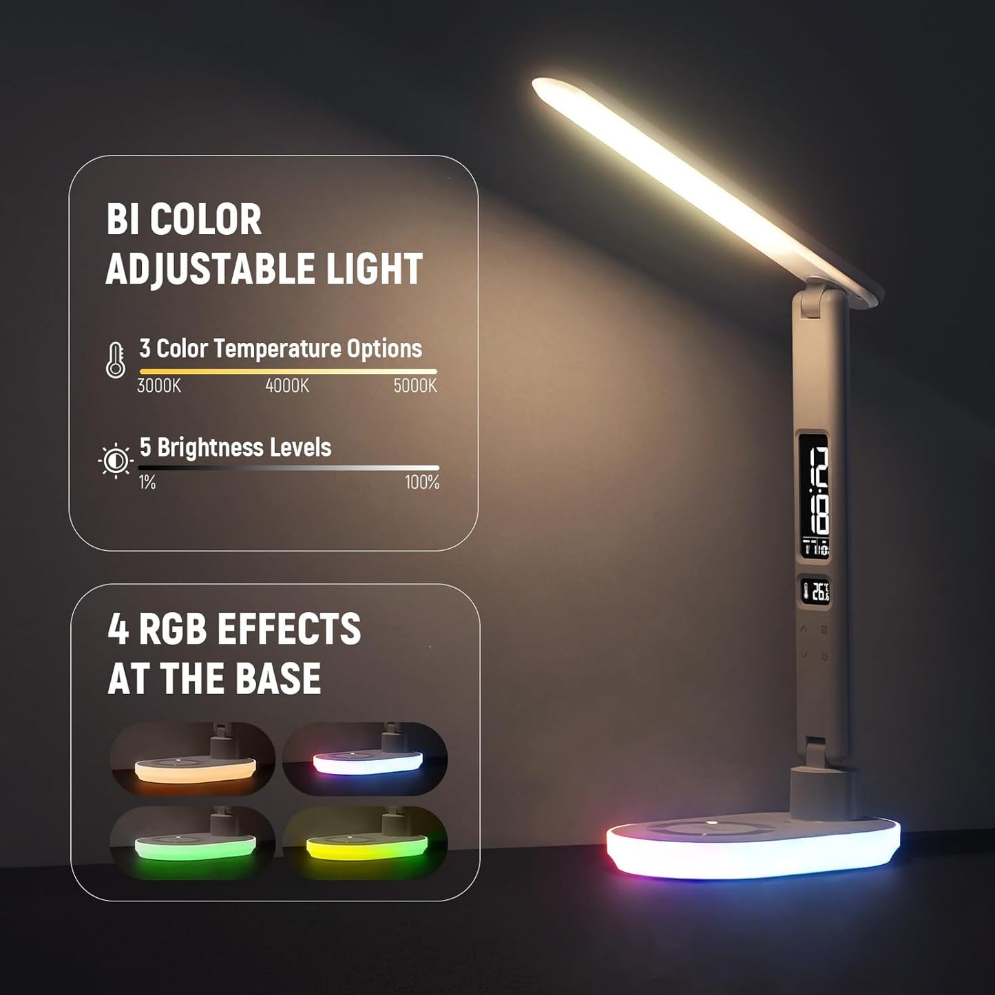 NEEWER Entry Level Version LED Desk Lamp with USB A Output, 3 Modes/5 Brightness Levels/4 RGB Effects/CRI85, LCD for Temp/Date/Time/Alarm, Eye Caring Touch Table Light for Home Office/Reading, N20