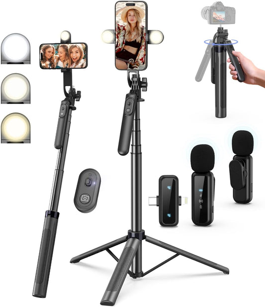 Vlogging Kit for iPhone/Android, 71" Selfie Stick Tripod for iPhone with Light, Wireless Remote & Microphone, Adjustable Phone Tripod for TikTok/YouTube Starter Content Creator Essentials Kit