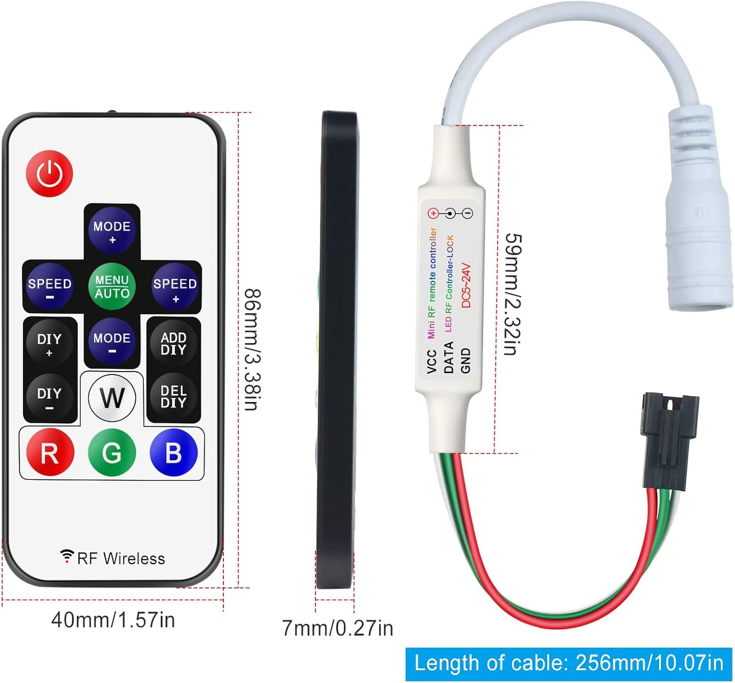 RGBZONE WS2812B RF LED Controller, 3-PIN Mini LED Strip Lights Controller, DC 5V/12V/24V for WS2812 WS2811 Dream Color LED Strip Lights(14 Key)