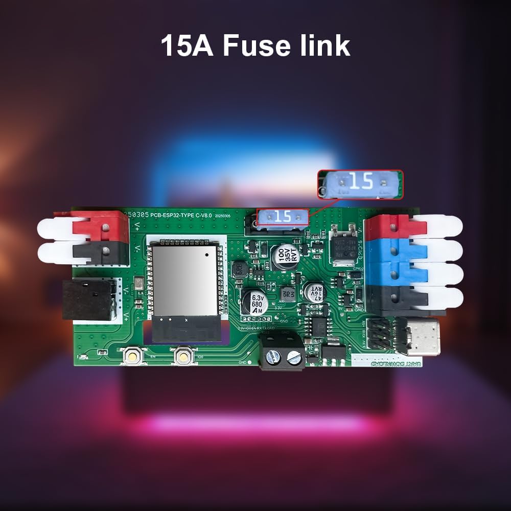 ESP32 WLED LED Strip Light Controller 15A Fuse Mic DIY Dynamic Lighting UART USB-C Download Energy Saving Relay App Control for RGB IC Addressable Digital WS2811 WS2812 SK6812 TM1814 WS2813 WS2815
