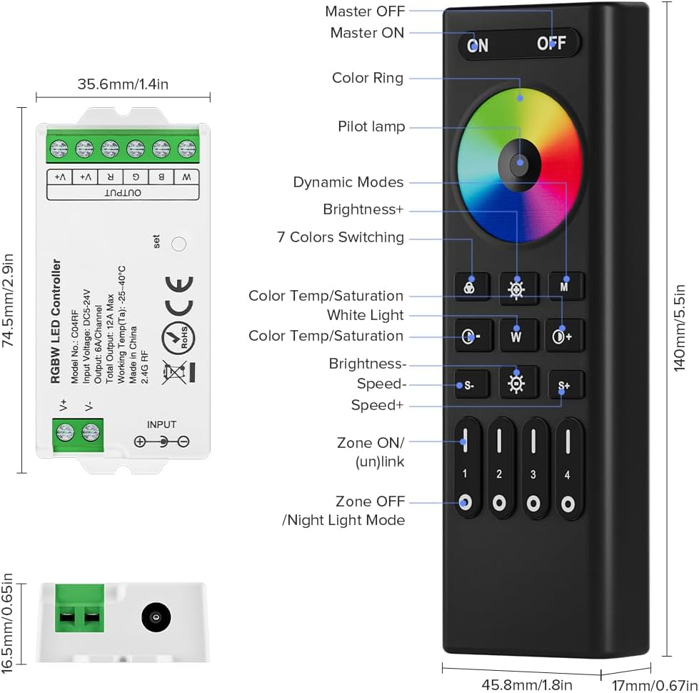 BTF-LIGHTING 5050SMD FCOB COB RGBW RF Remote RC03RFB & C04RF Tuya Controller Kit 4 Zones RF 2.4GHz Wireless Remote Group Control PWM(+ R G B W) 5pin LED Strip DC5V DC12V DC24V