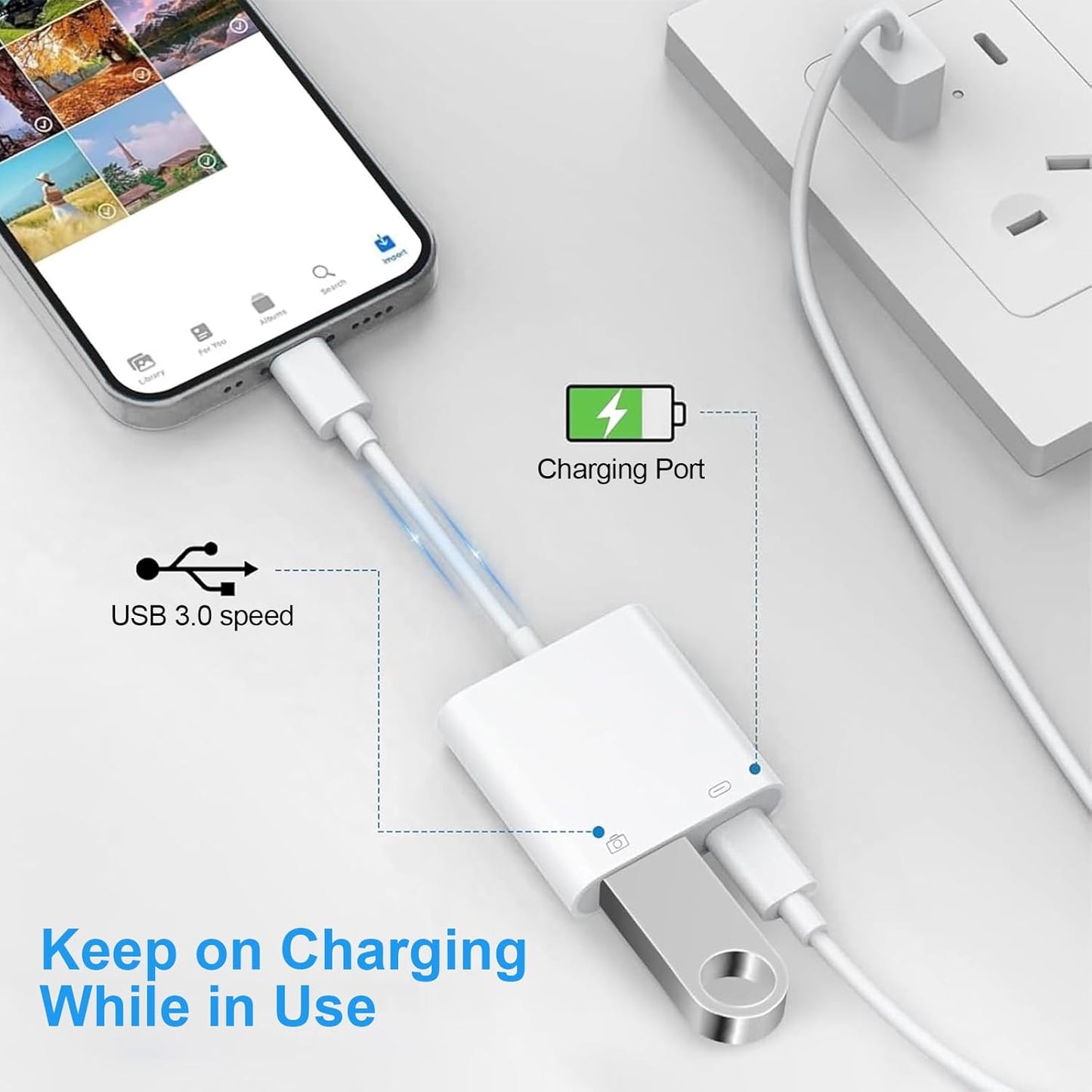 Lightning to USB Camera Adapter for iPhone, [Apple MFi Certified] USB3.0 Female Adapter for iPad with Charging Port, Plug and Play OTG Converter Support Card Reader USB Flash Drives Keyboard