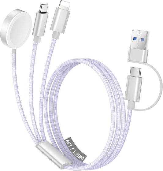 Temdan for Travel Vacation Essentials,3 in 2 USB C Cable for Apple Watch Charger/iPhone 16 Charger/Lightning,Multi Charging Cable Cord,Camping Essentials,Designed for iWatch &iPhone 16-12-4FT Purple