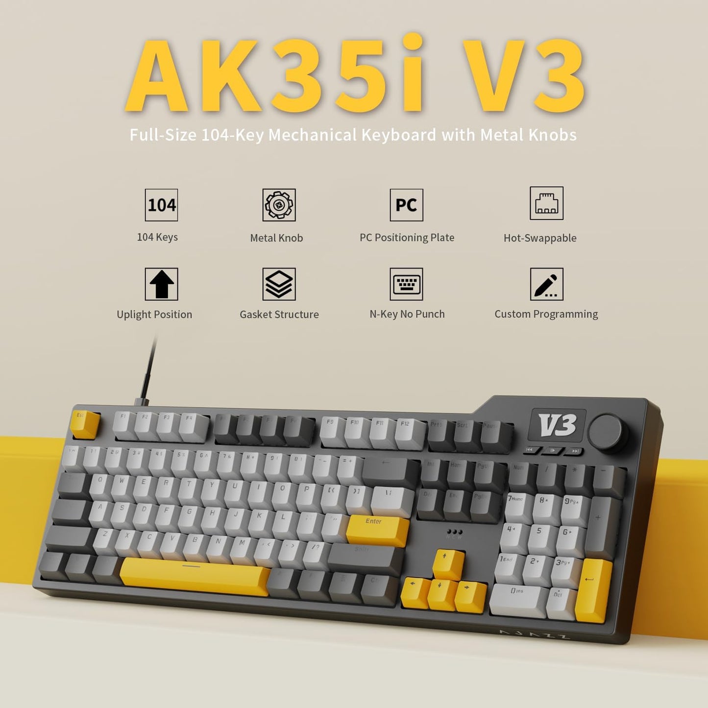 AJAZZ AK35I V3 104-Key Full Size Wired Gasket Mount Gaming Keyboard with Multimedia Buttons & Knob Control | Five Layer Pad | OEM Profile PBT Keycaps | Blue Backlit Custom Keyboard