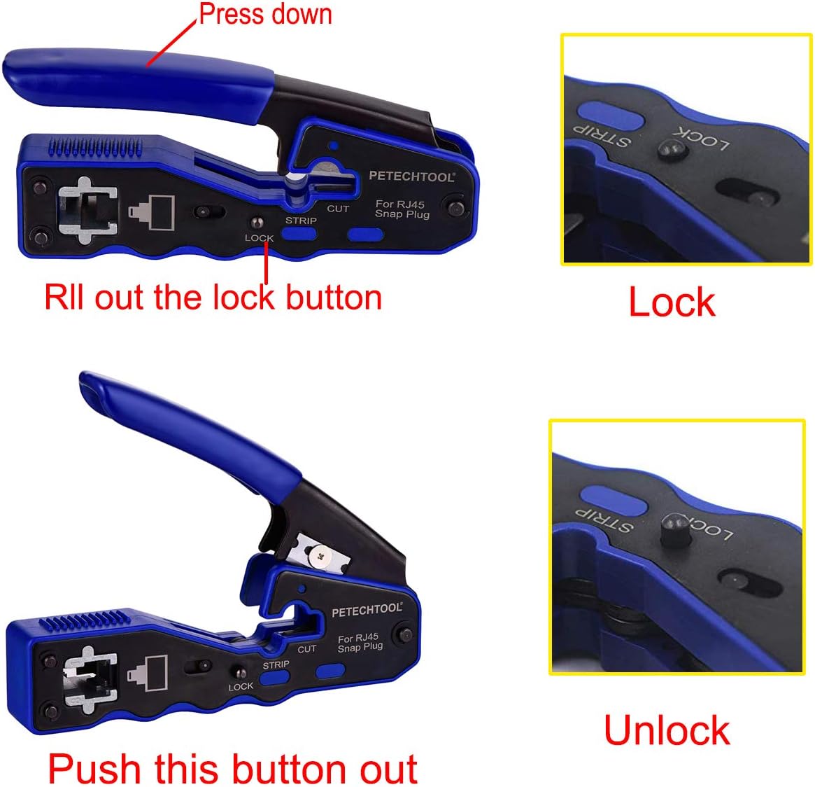 RJ45 Crimp Tool for Cat6 Cat5e Cat5 Pass Through Connectors,All-in-one EZ Crimping Tool Full Set with Cat6 Connectors and Boots, Cable Ties, Cable Tester, Cable Scissors and Stripper