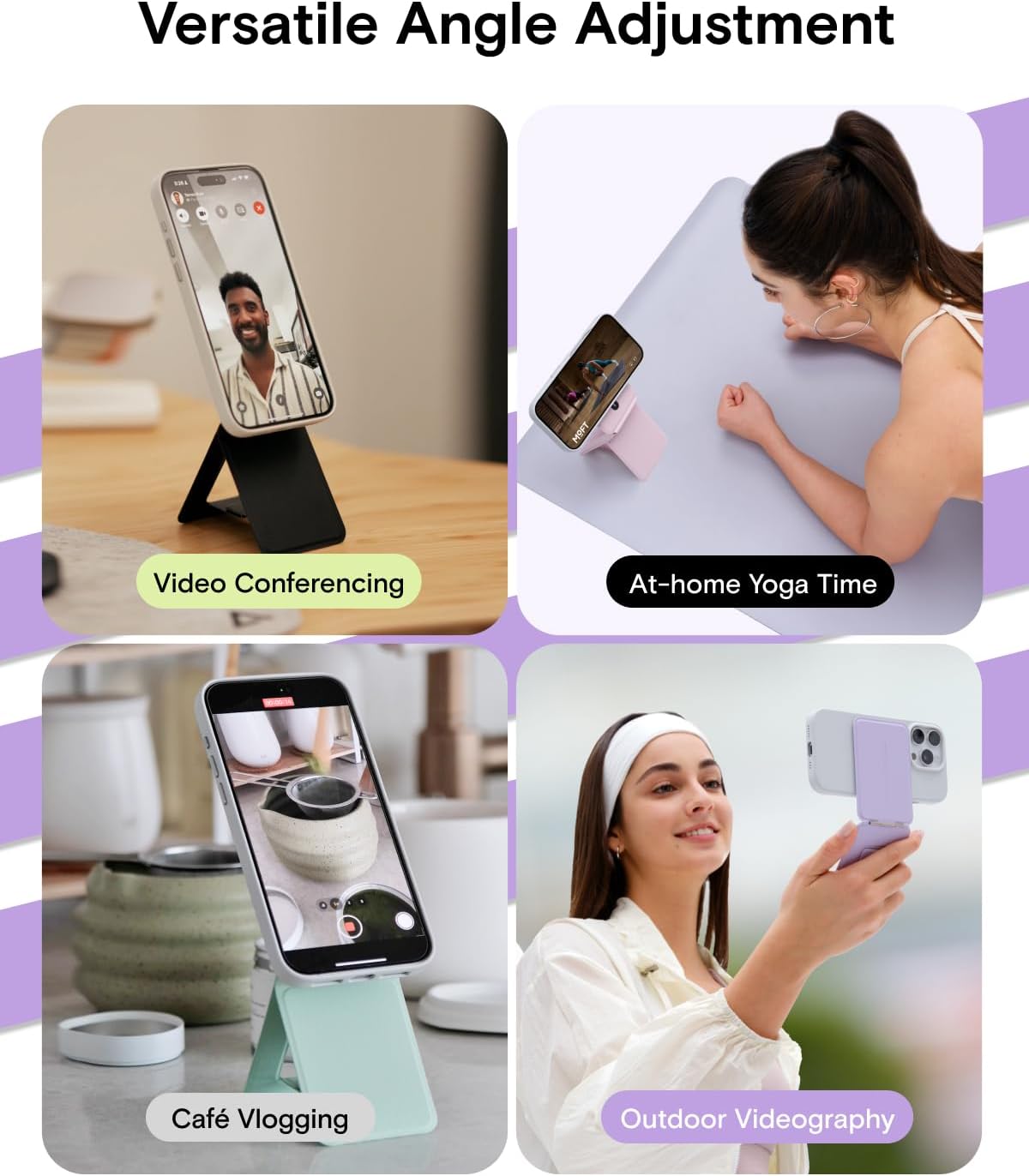 MOFT Phone Tripod Stand Selfie Stick for iPhone, Multi-Angles iPhone Stand, Lightweight & Portable Phone Holder, Strong Magnets, MOVAS Vegan Leather, Travel Essentials, Peony (Without Card Slot)