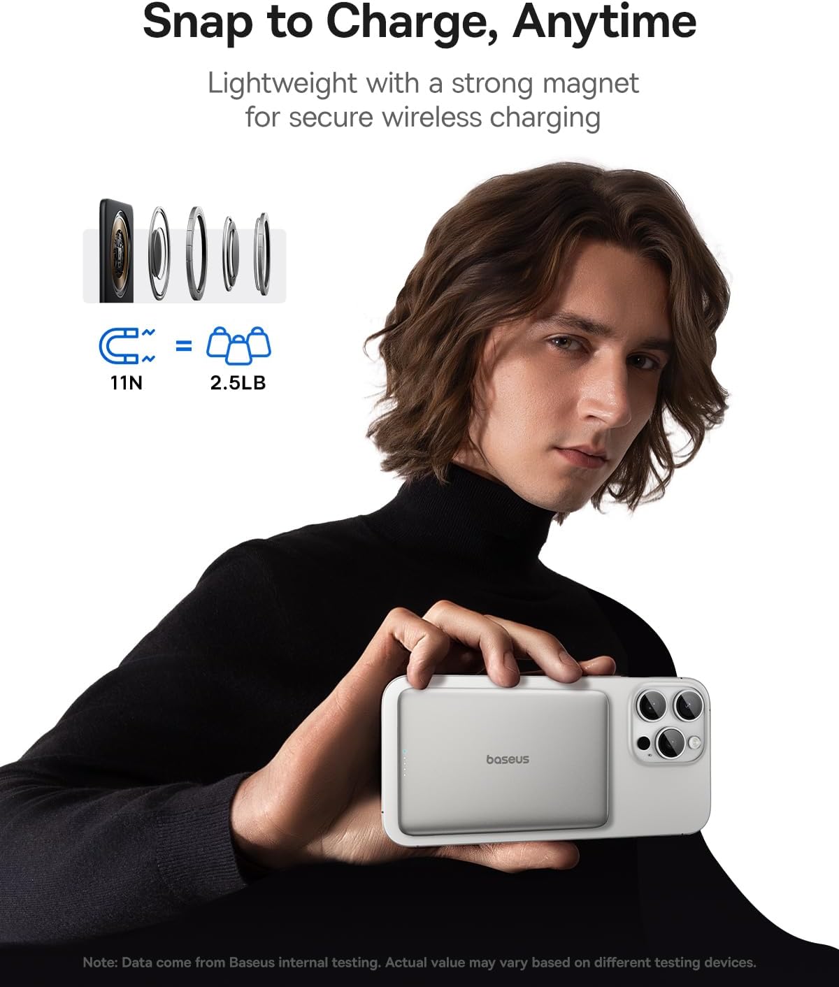 Baseus Picogo Power Bank, 0.3" Ultra Slim 5000mAh MagSafe Portable Charger with USB-C Braided Cable, Card-Size Magnetic Battery Pack, Alloy Wireless Fast Charger for iPhone 16/15/14/13/12, Lightweight