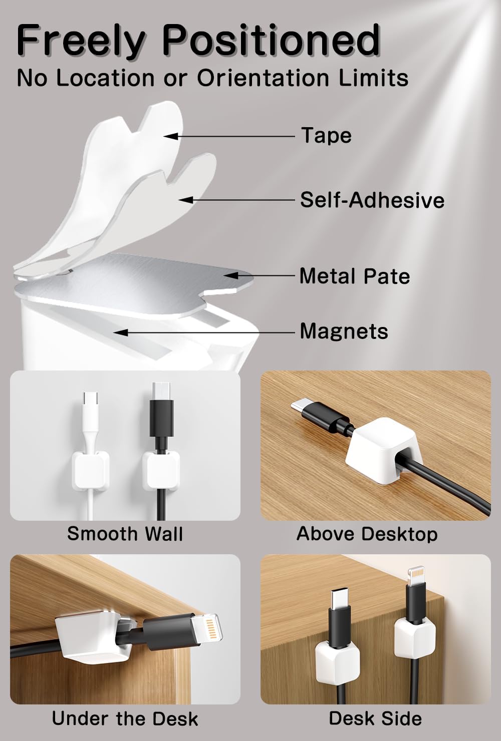 Viaky 8 Pack Magnetic Cable Clips, Large Size Under Desk Cable Management, Workspace Charger Organizer,Cord Holder with Adhesive Metal Disc, Office Desk Accessories for Nightstand Car Wall (White)