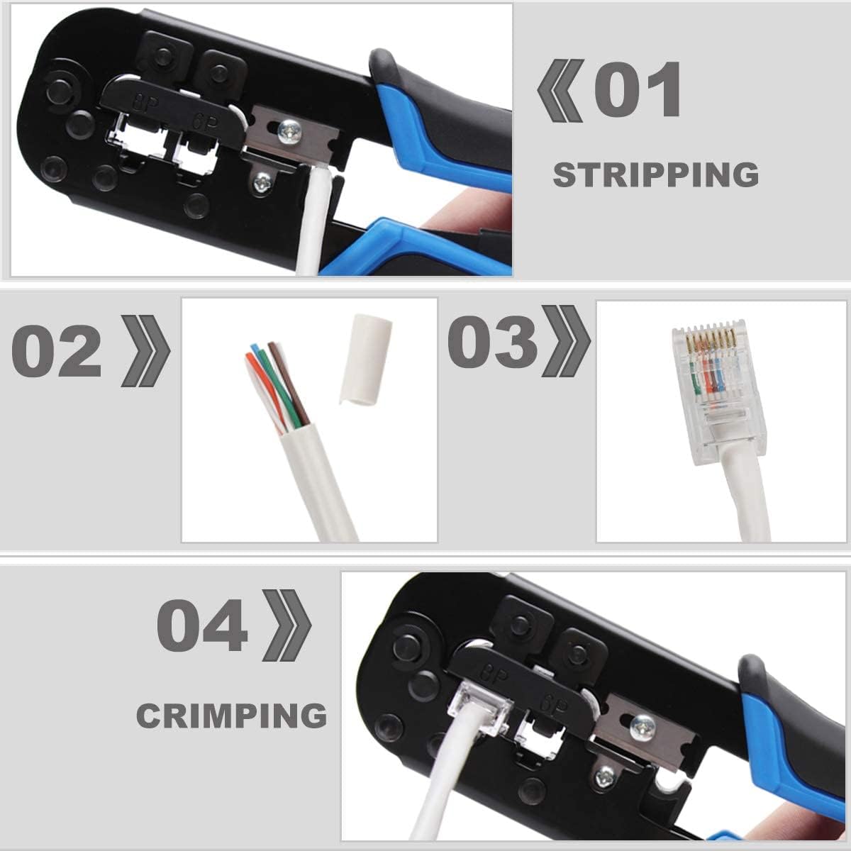 Delgada RJ45 Ethernet Network Crimping Tool Kit for Cat6 Cat5e Cat5 Crimp Tool, with 10pcs Cat5 Cat5e Connectors, 10pcs Covers, Network Cable Tester, Cutter and Stripper