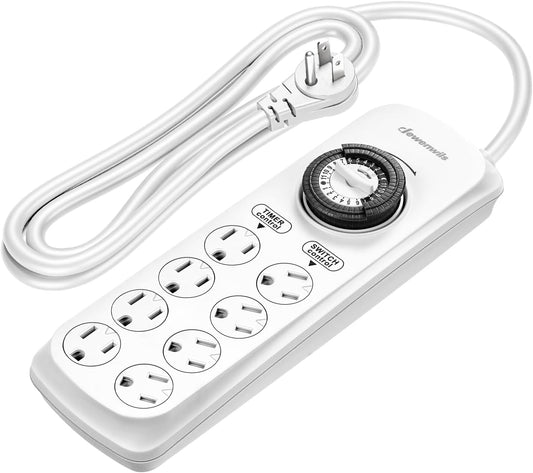 DEWENWILS Mechanical Timer Power Strip with 8 Outlets, Flat Plug, 6ft Long Cord, Overload Protection, Indoor Timer for, Bearded Dragon Tanks, Aquarium, Grow Lights, Plants, Reptile Light, UL Listed