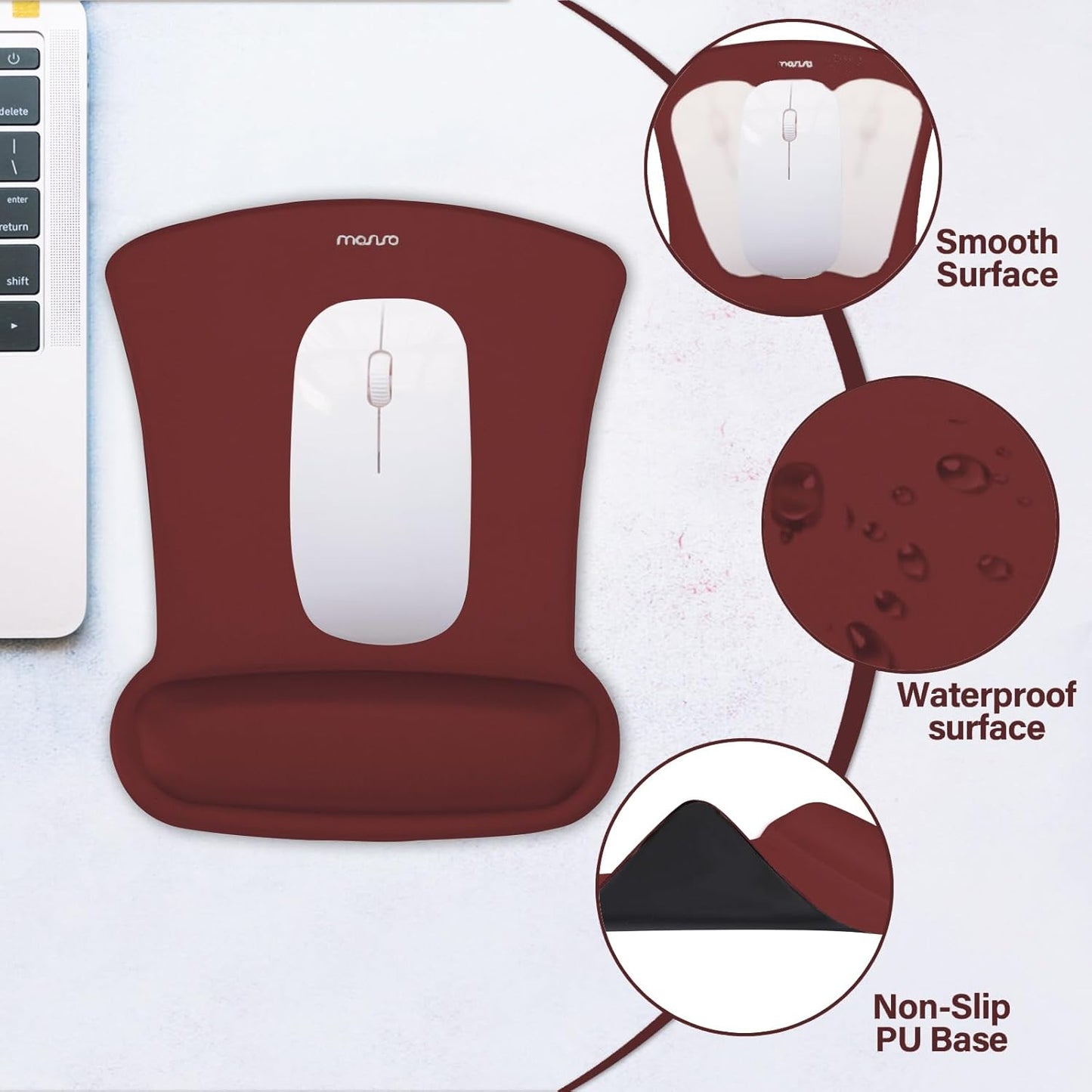 MOSISO Wrist Rest Support for Mouse Pad & Keyboard Set, Ergonomic Mousepad Non-Slip Base Home/Office Pain Relief & Easy Typing Cushion with Neoprene Cloth & Raised Memory Foam, Wine Red