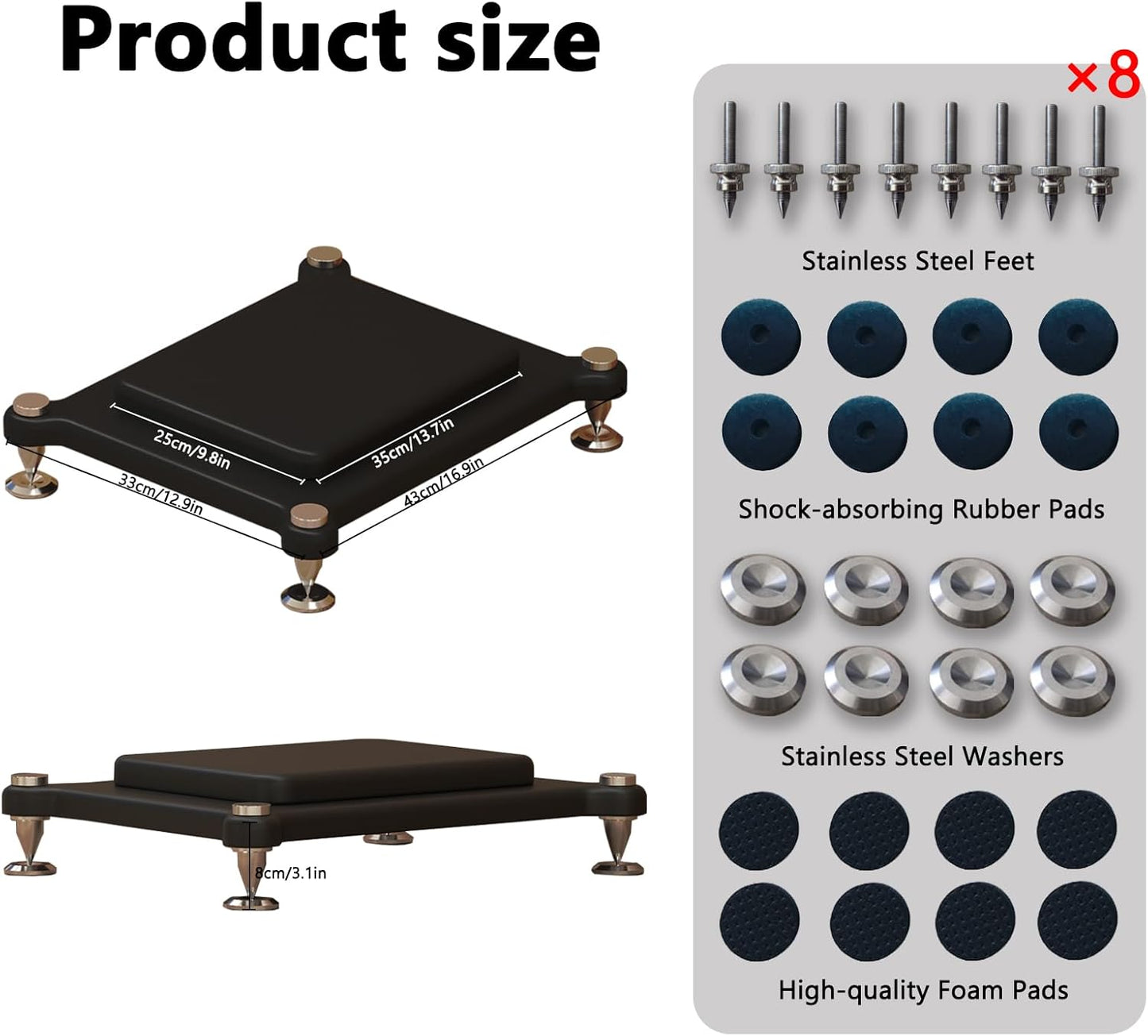 2pcs Subwoofer Isolation Stand, Double-Layered Speaker Isolation Stands with Stainless Steel Metal Feet, Acoustic Speakers Isolation Pad for Floor, Desktop (9.8×13.7in)