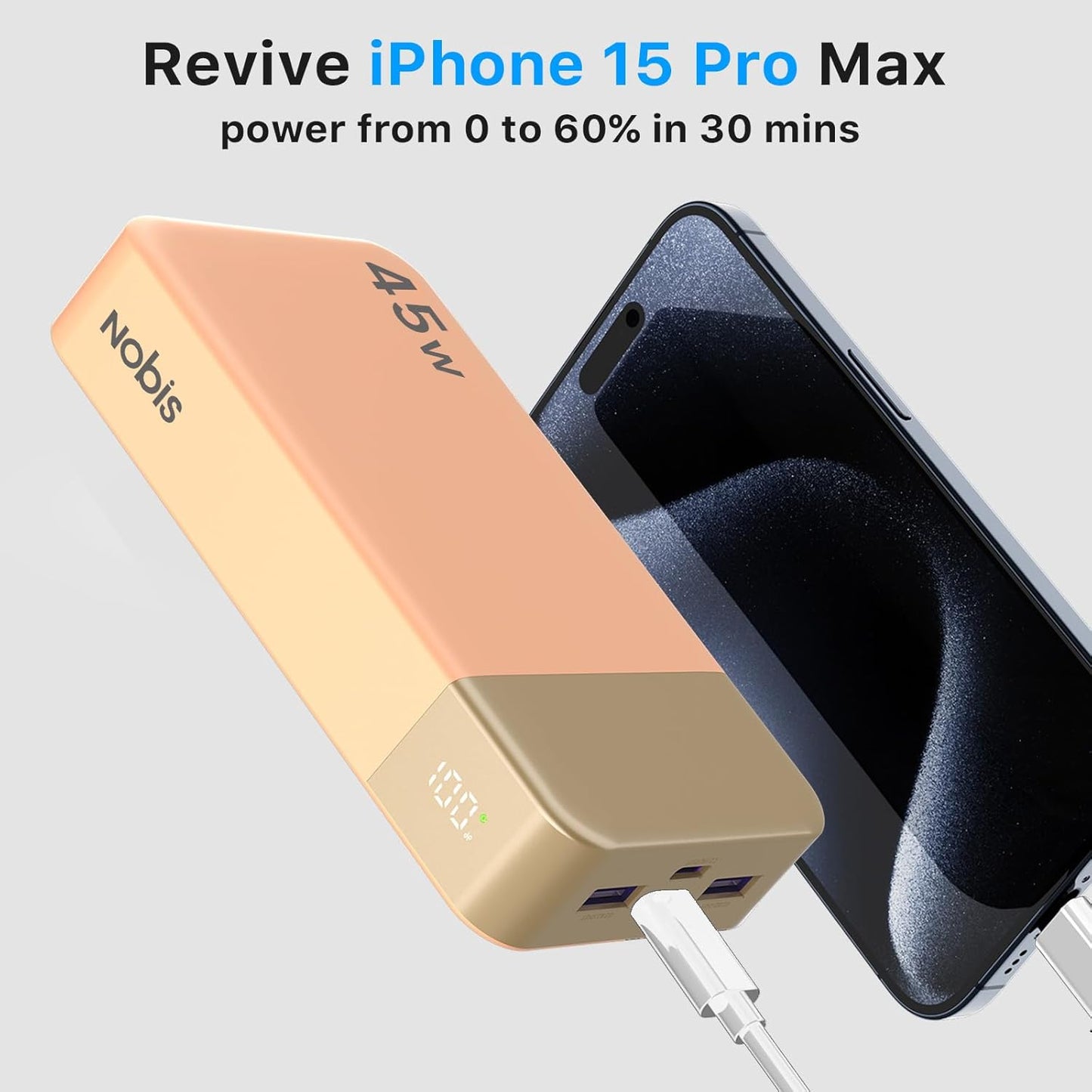 NOBIS Portable Charger, 20000mAh Power Bank, 45W Power Bank Fast Charging, Battery Pack with C to C Cable, Battery Bank with Digital Display for Phone Android Laptop etc (Orange)