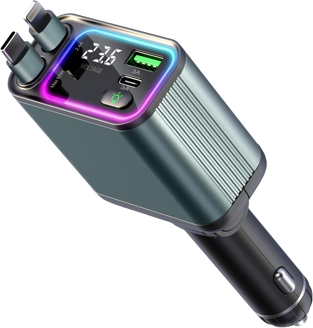 4 in 1 Retractable Car Charger with RGB Light, 92W Fast Charging USB C Car Adapter, Compact Car Phone Charger for iPhone/Galaxy/Pixel, Car Accessories for Women Men (Lightning + Type C Cable)