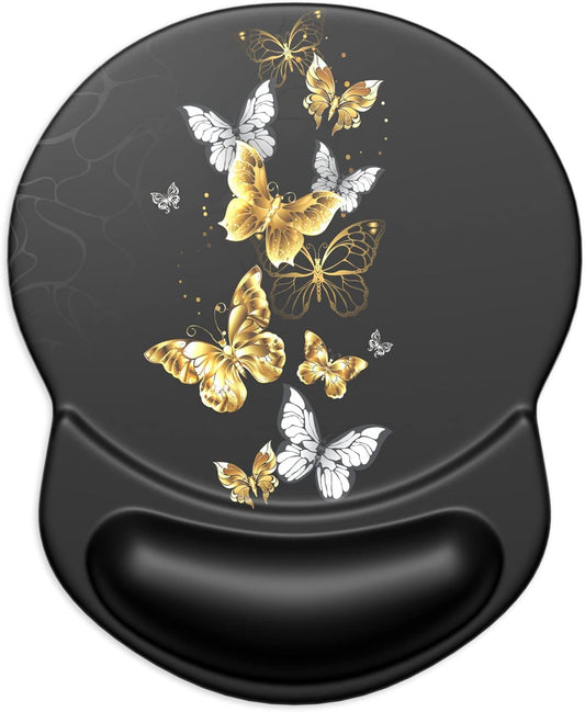 ITNRSIIET Ergonomic Mouse Pad with Gel Wrist Support Small Wrist Rest Smooth Surface Non-Slip PU Base Comfortable Office Supplies Pain Relief, 8.7 x 7.2 inches, Golden Butterfly