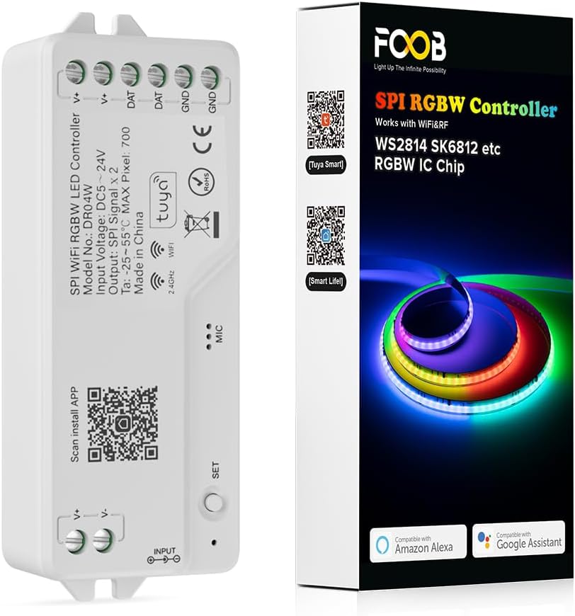 2.4G WiFi SPI RGBW LED Controller DR04W, Smart Life/Tuya App, Alexa & Google Home Compatible, Works with SK6812, WS2814, Addressable RGBW Strips RC03RFB RF Remote for Wireless Control