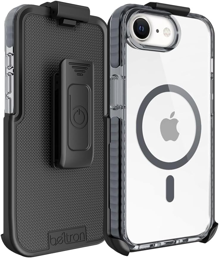 BELTRON Belt Case for iPhone 16e (2025), Slim Protective Transparent Case & Rotating Belt Clip Holster Combo (Compatible with MagSafe)