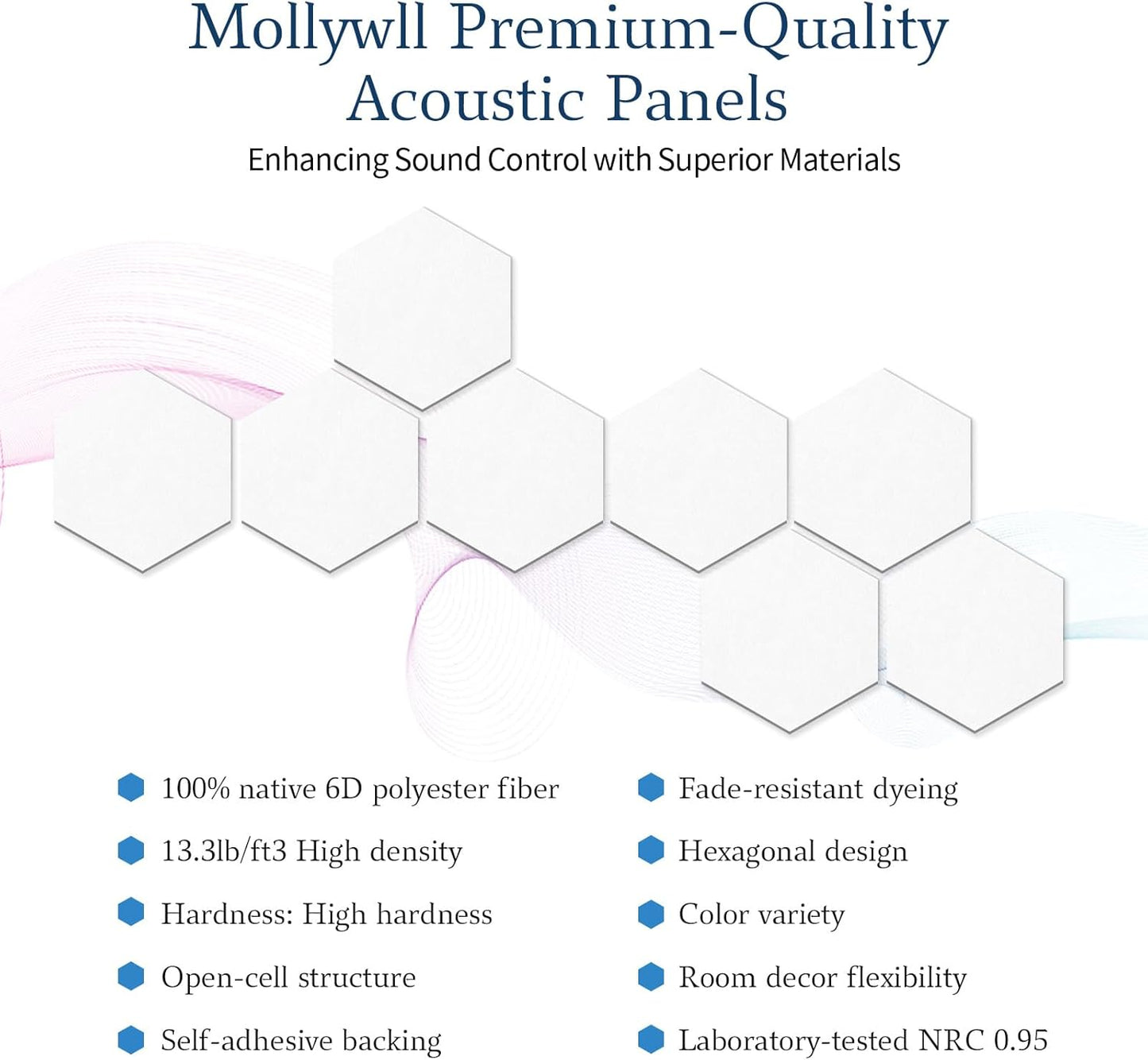 Mollywell Hexagon Acoustic Panels, High Density, Soundproofing, Decorative Noise Reduction Felt Wall Tiles for Ceilings, Home Office & Gaming Room (White), 12x10x0.4 Inch