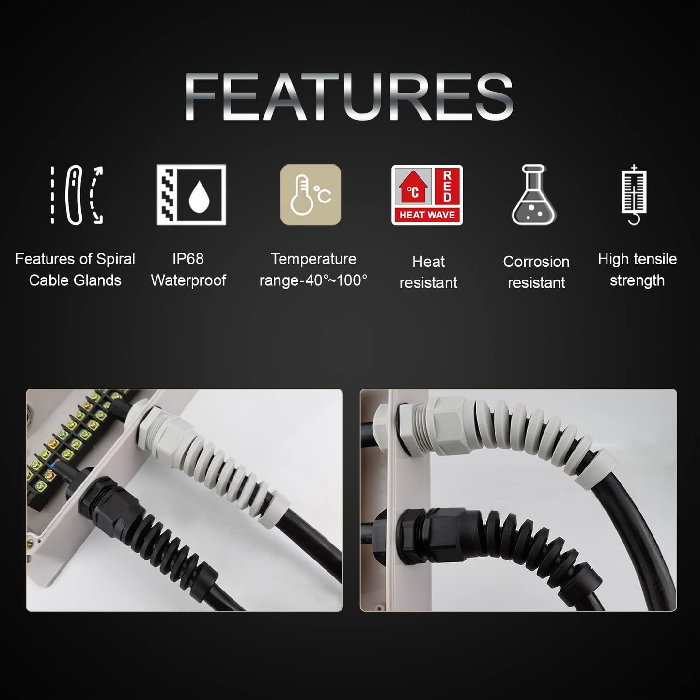 LeMotech 10Pcs NPT 3/8" IP68 Waterproof Cable Gland Flex Spiral Strain Relief Black Nylon Joint with Gaskets for 5-10mm Wire Thread