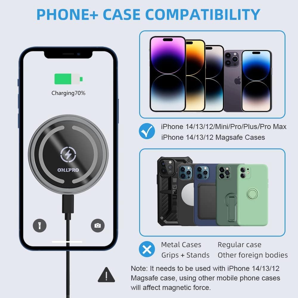 OHLPRO Compatible with MagSafe Car Mount for iPhone 16, Magnetic Wireless Car Charger with Extended Arm, Never Block Vents for iPhone 15/14/13/12 Serie, 15W Fast Charging Mag Safe Phone Holder, Grey