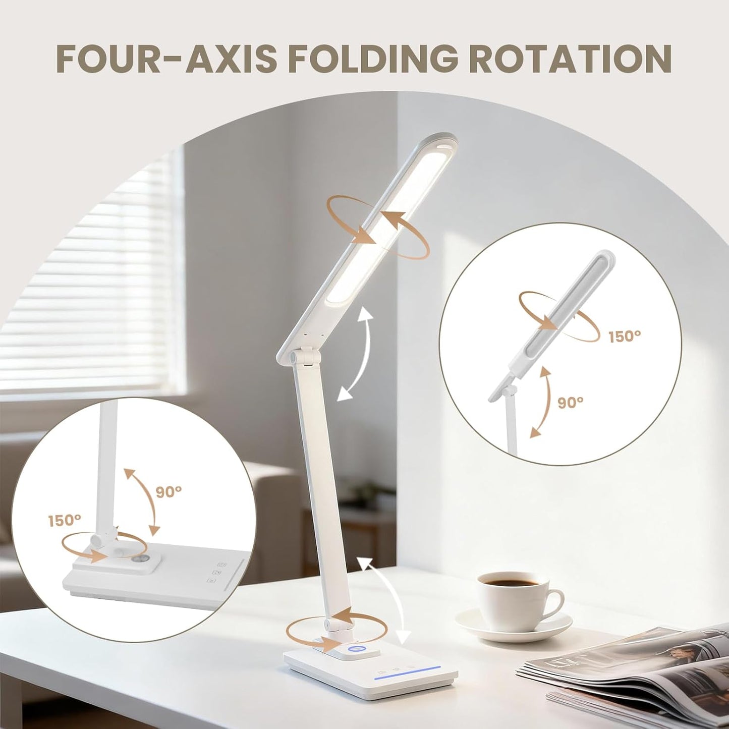 TECHNOVA LED Desk Lamp with 5 Color Temperatures | Sliding Stepless Dimming & One-Touch Timer | Foldable & Portable Design for Office/Study/Nail Art | USB Charging & Four-Axis Rotation for Small Desks