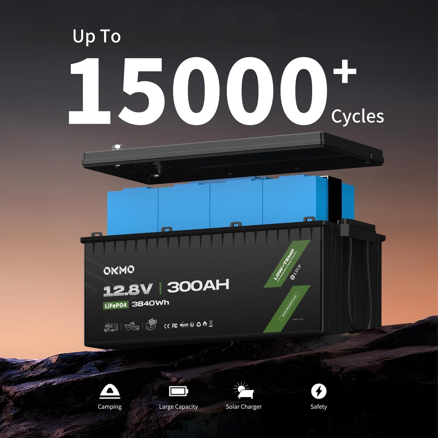 OKMO 12V 300Ah LiFePO4 Lithium Battery 3840Wh Rechargeable Lithium Battery with BMS 10 Years Lifetime 15000+ Deep Cycles,for Solar systerm,RV,Camping,Battery Backup,Marine and Home Energy Storage