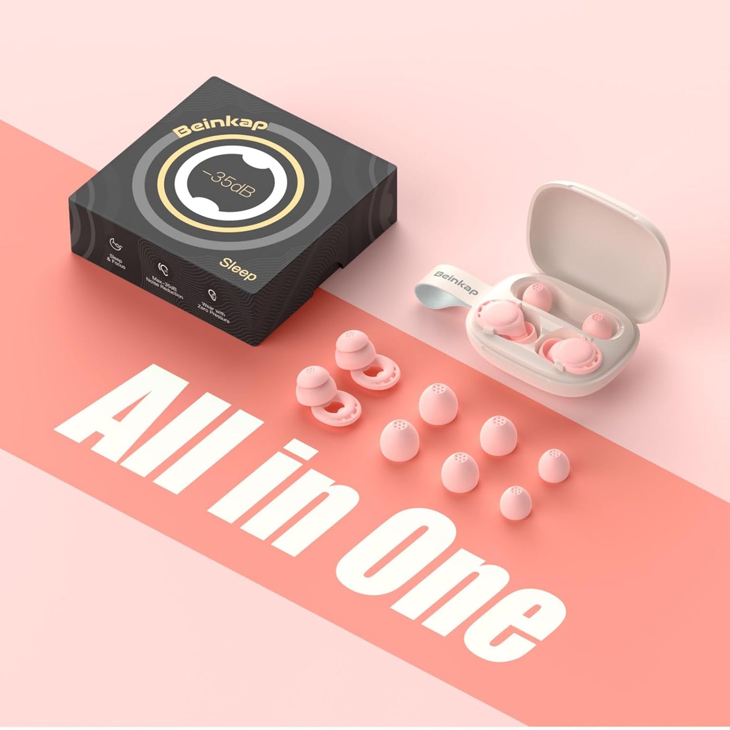 Ear Plugs for Sleeping Noise Reduction, Beinkap Reusable Earplugs Hearing Protection for Focus, Study, Work – 6 Pair Eartips in S/M/L – Flexible Silicone Soft – 35dB Noise Cancelling - Pink