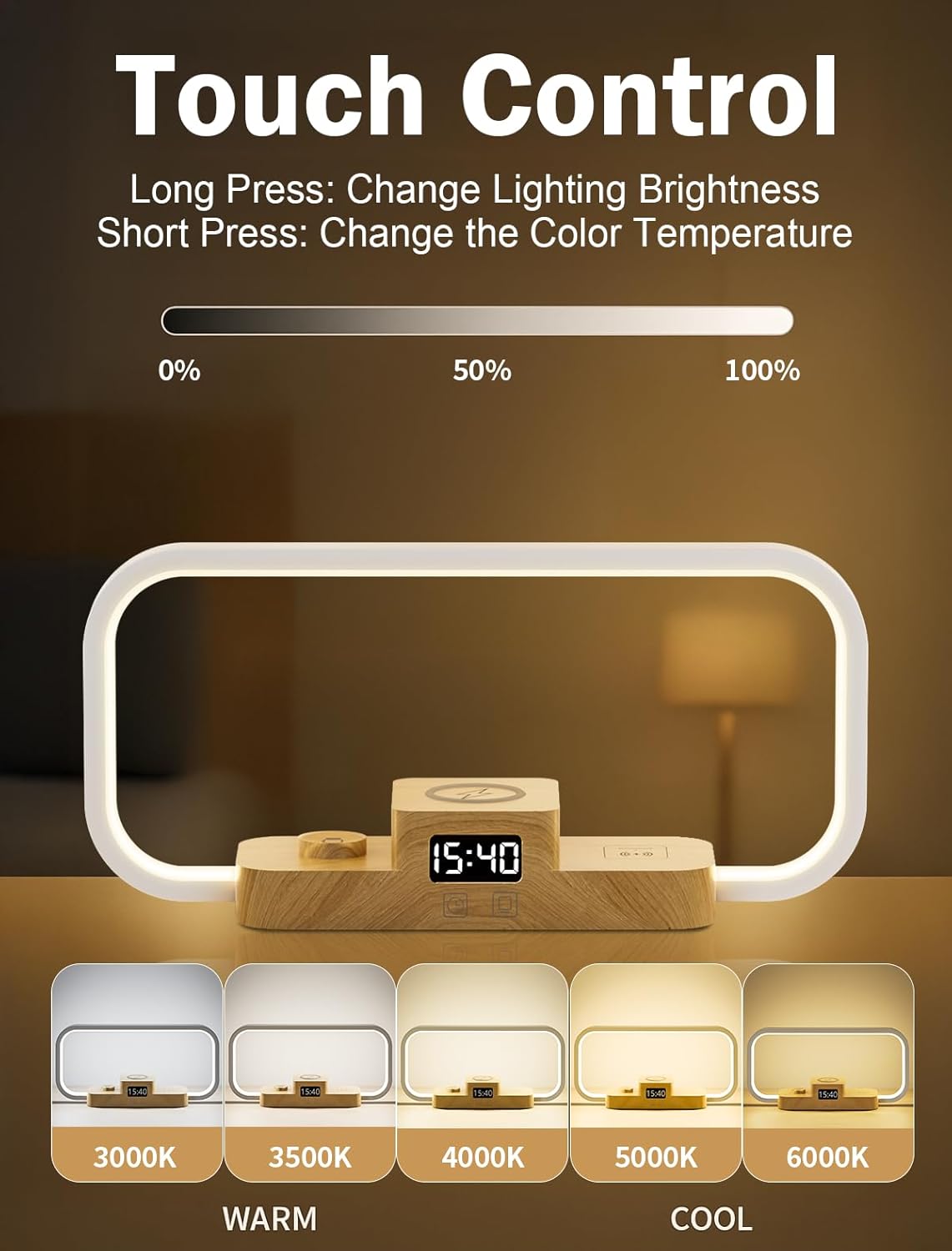 LED Bedside Lamp with Wireless Charger, 3 in 1 Touch Control Bedside Lamp, 5 Color Mode & Dimmable, Desk Lamps with Clock for Nightstand, Table Night Lamp for Bedroom, Gifts for Women, Men, Friends