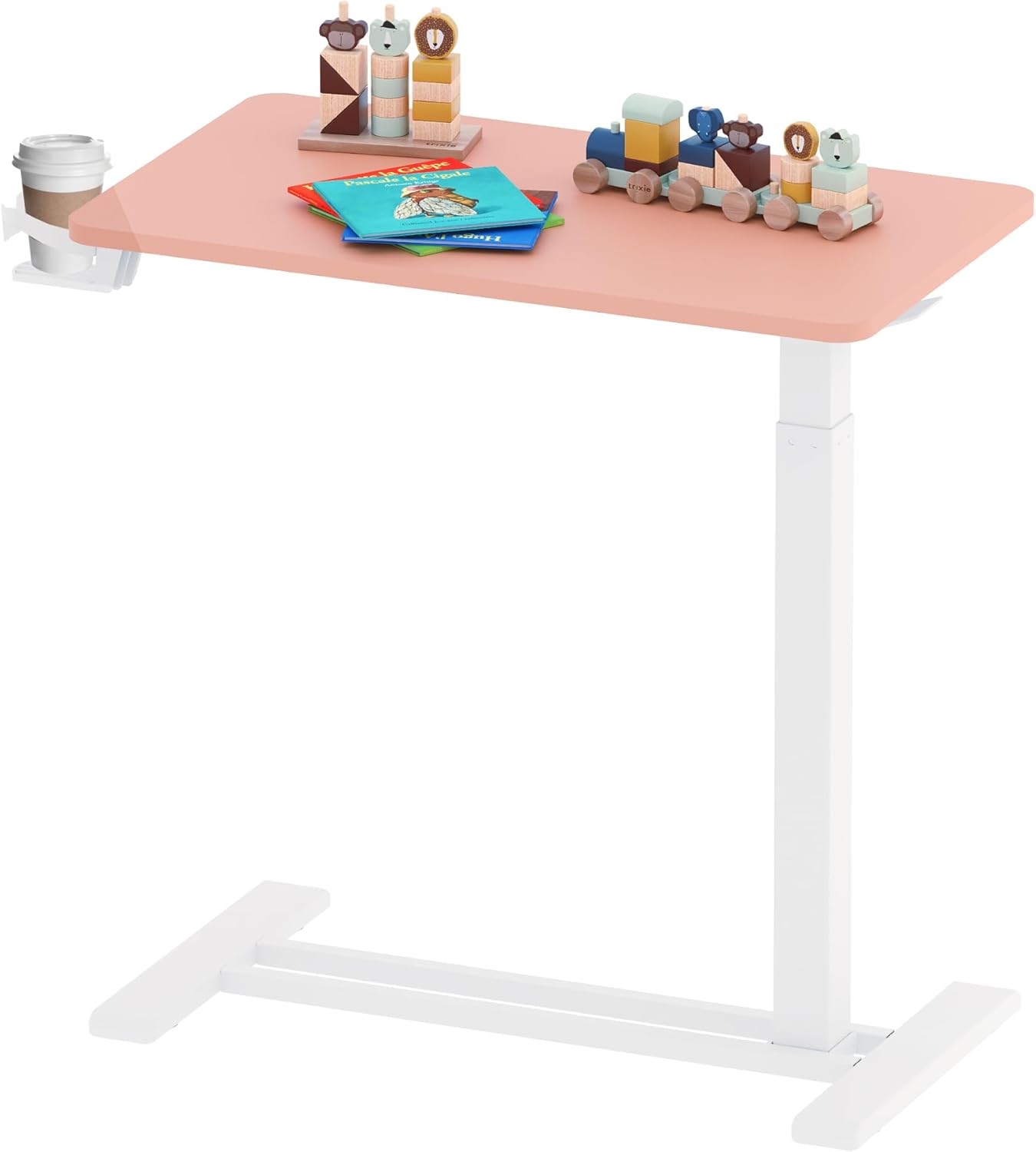 SANODESK Medical Adjustable Overbed Bedside Table with Hidden Casters, Pneumatic Mobile Laptop Computer Standing Desk Cart with Tray, Hospital and Home Use(31.5" W x 17.7" D, Pink)