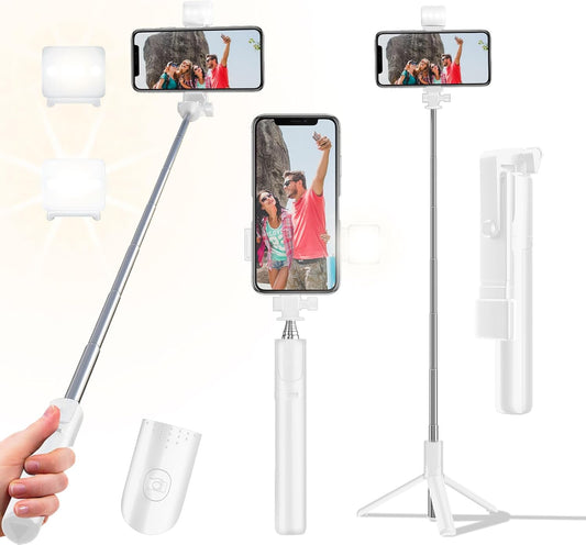 Selfie Stick Tripod, 40 in Retractable Tripod for iPhone with Wireless Remote Control & Light, Portable Phone tripods for Photograph, Live Streaming, Video Recording, Compatible with All Cellphones