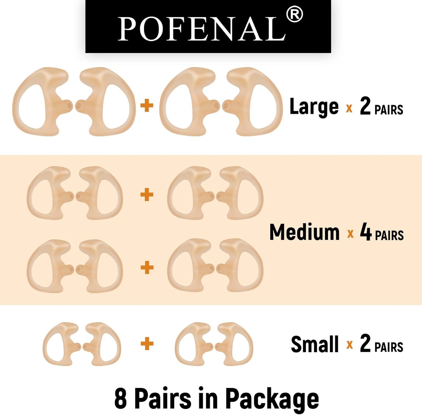 Silicone Replacement Earmold for Motorola/Baofeng/Retavis Radios - Police Walkie Talkie & Law Enforcement Soft Earpiece Inserts (8 Pair, Flesh - 2L/4M/2S)