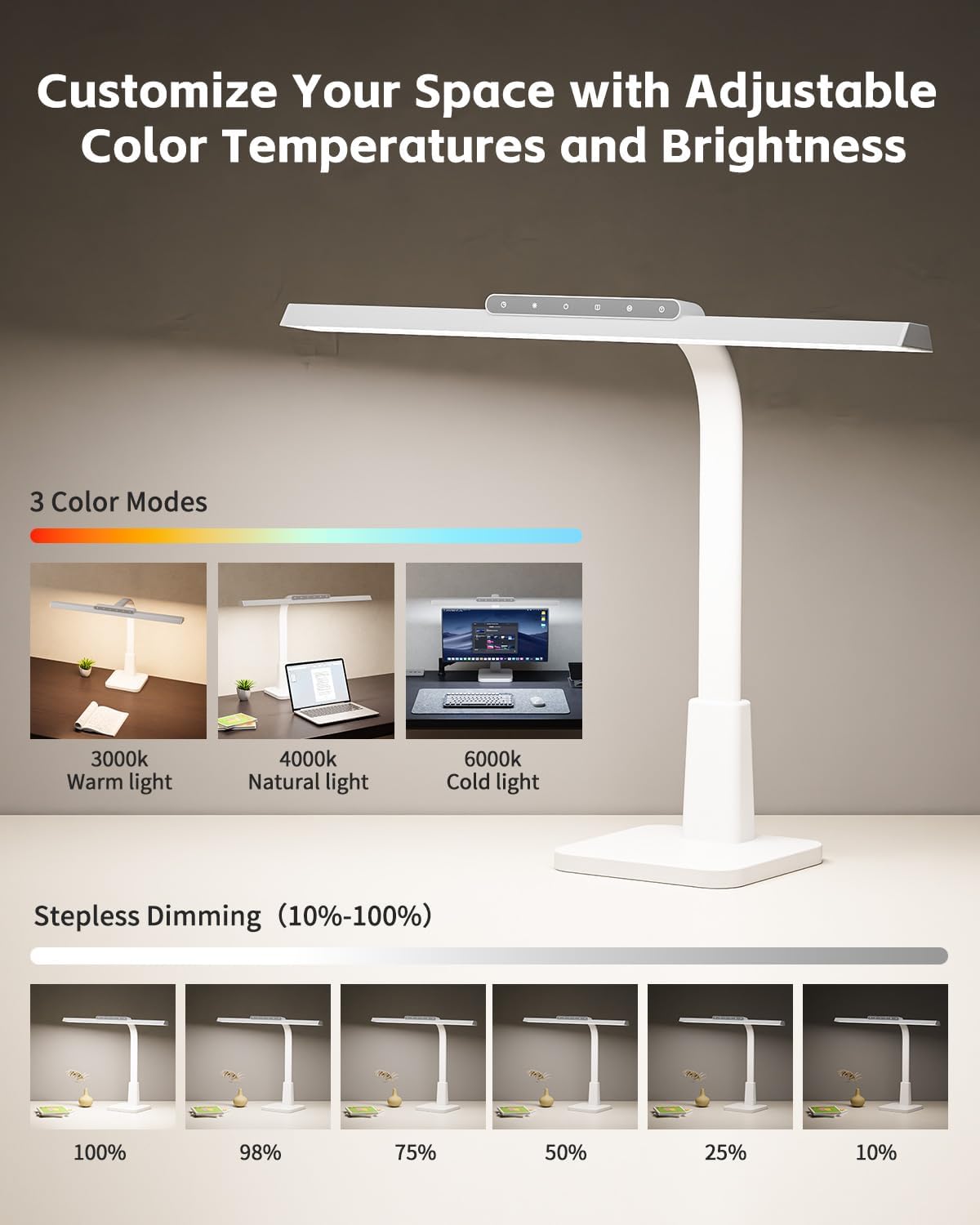 LED Desk Lamp for Home Office with Base, Dimmable Eye-Caring Computer Light with Memory & Timer Functions, Flexible Gooseneck Touch Control Architect Desk Light for Reading, Study, Workbench (White)