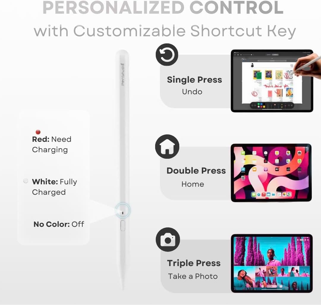 PS1-Pro Stylus Pen for Apple iPad 2018-2025｜Faster Charge Custom Shortcuts Pixel-Perfect with Metal Chrome Tip｜Pencil for iPad 11th & 10th Generation, Pro 11"/12.9"/M4, Air 3/4/5/M2/M3, mini 5/6th Gen