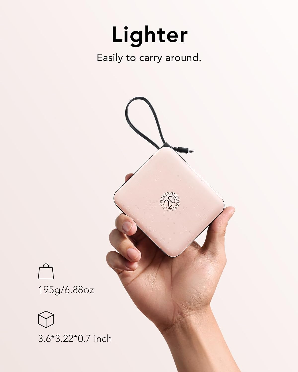 VRURC Mini Portable Charger, 22.5W USB C Fast Charging 10000mAh Pocket Power Bank with Built-in Cable, Battery Pack for iPhone 16 15 14 13 Samsung Galaxy S23 S22 Google Android, Pink(1 Pack)