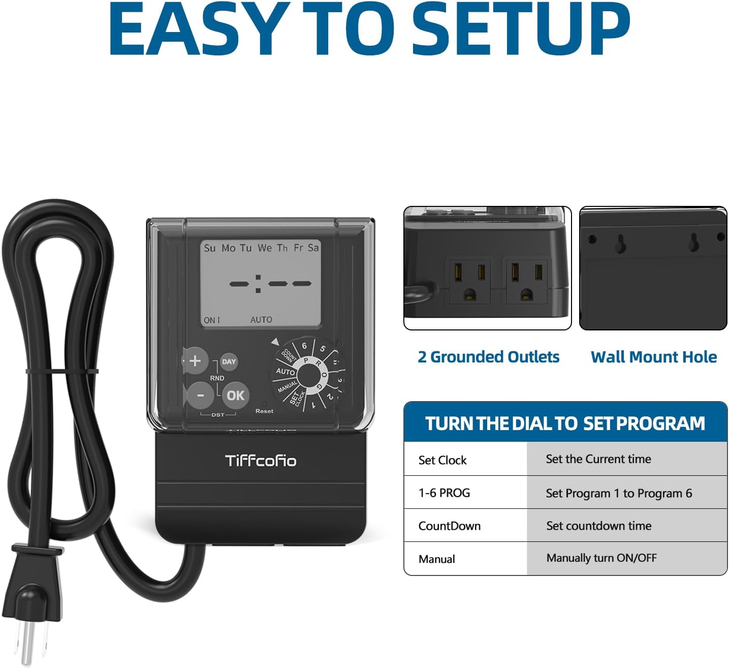 TiFFCOFiO New Digital Outdoor Timer Waterproof, Dial Programmable Method, Outdoor Light Timer with 2FT Extension Cord, 2 Grounded Electrical Outlets for Lights, 6 Sets of Programs, 20A/2500W